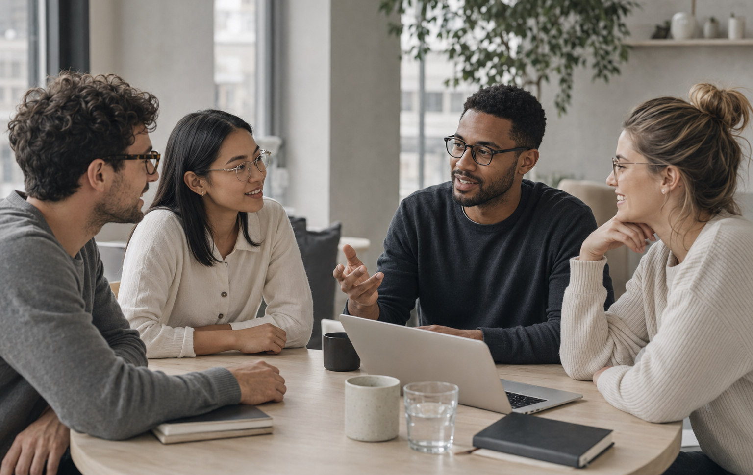 People wearing glasses collaborating around a table
