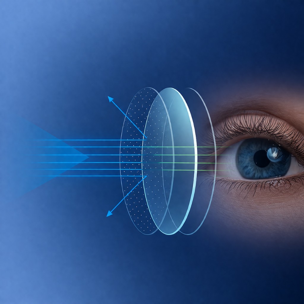 Blue light filtering lens feature